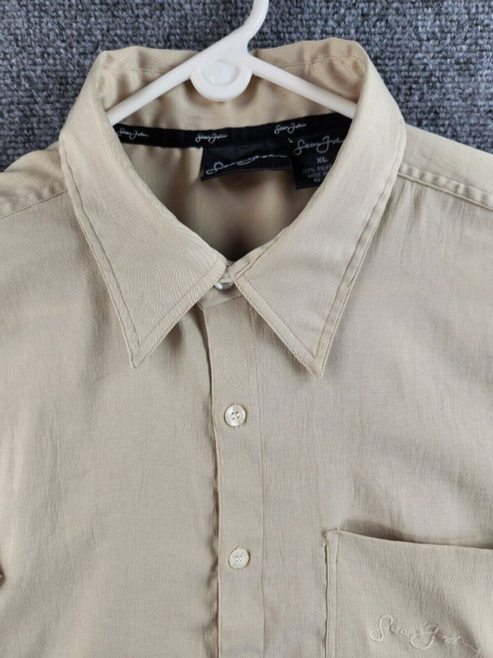 Sean John XL Beige Short Sleeve Button Up Shirt Point Collar Tan Embroidery Logo